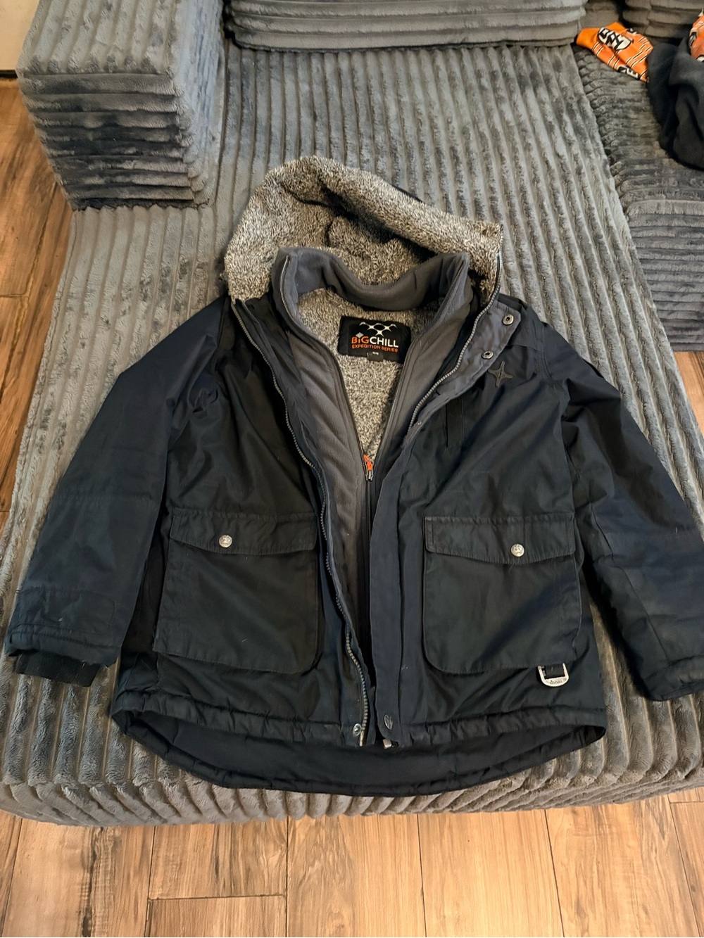Big Chill Kids' Black Hooded Puffer Jacket with Gray Sherpa Lining